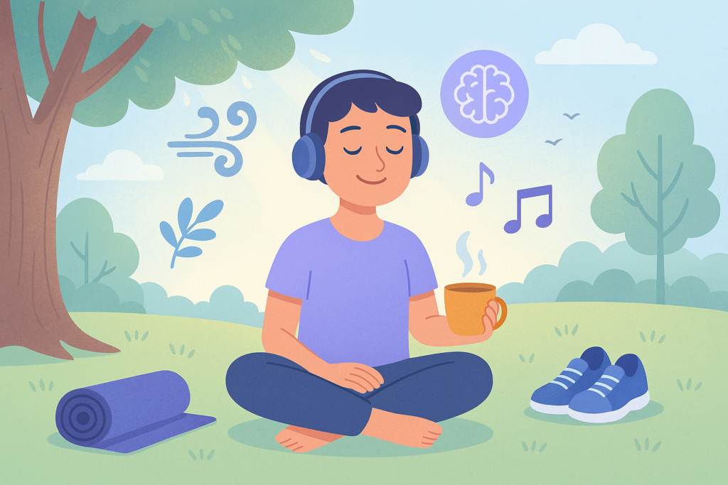 2D illustration of a person relaxing in a park with headphones on, meditating, drinking tea, and surrounded by icons representing stress reduction techniques such as deep breathing, music, nature, and mindfulness.