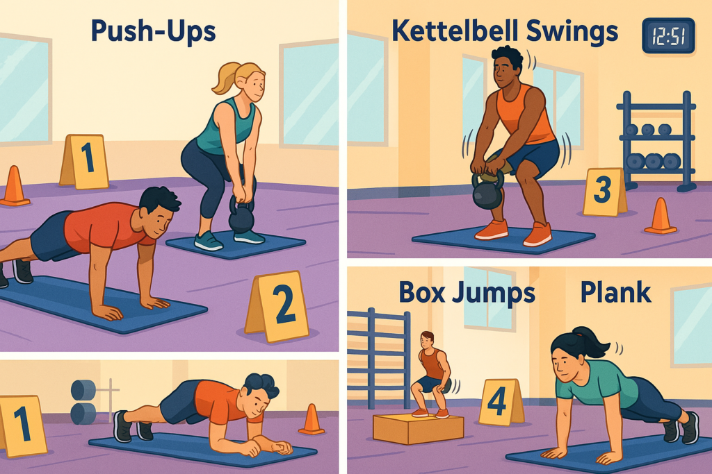 People rotating through circuit training stations performing push-ups, kettlebell swings, box jumps, and planks.