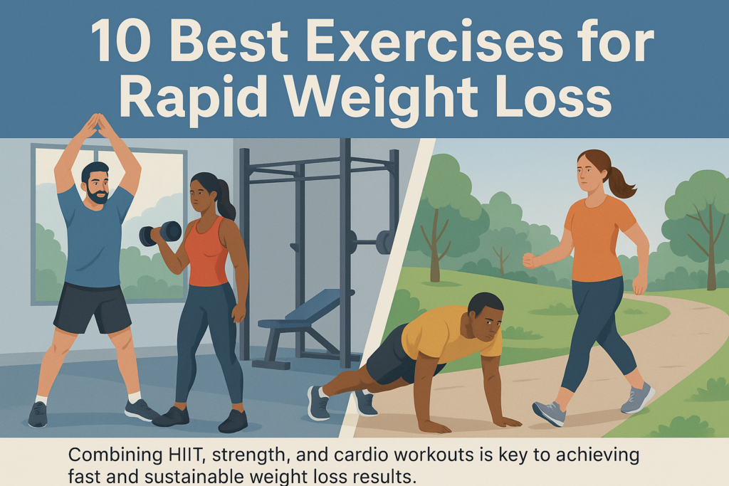 Group of people doing various fat-burning exercises like HIIT, strength training, and walking, both indoors and outdoors.