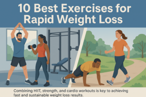 Group of people doing various fat-burning exercises like HIIT, strength training, and walking, both indoors and outdoors.