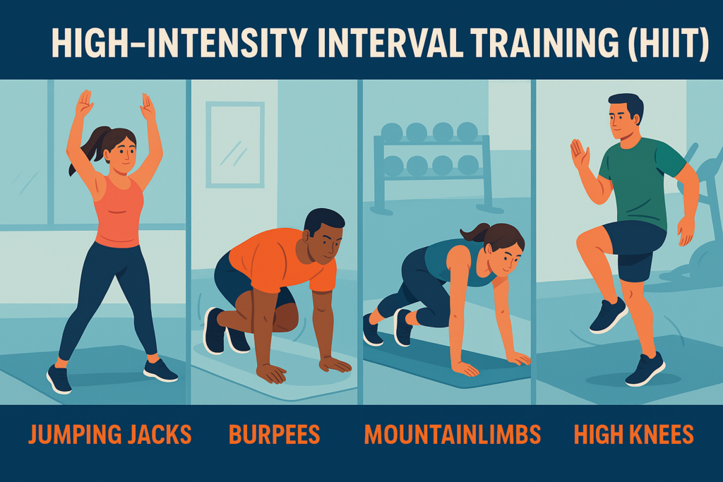 Infographic showing four HIIT exercises—Jumping Jacks, Burpees, Mountain Climbers, and High Knees—performed by diverse individuals in a gym setting.