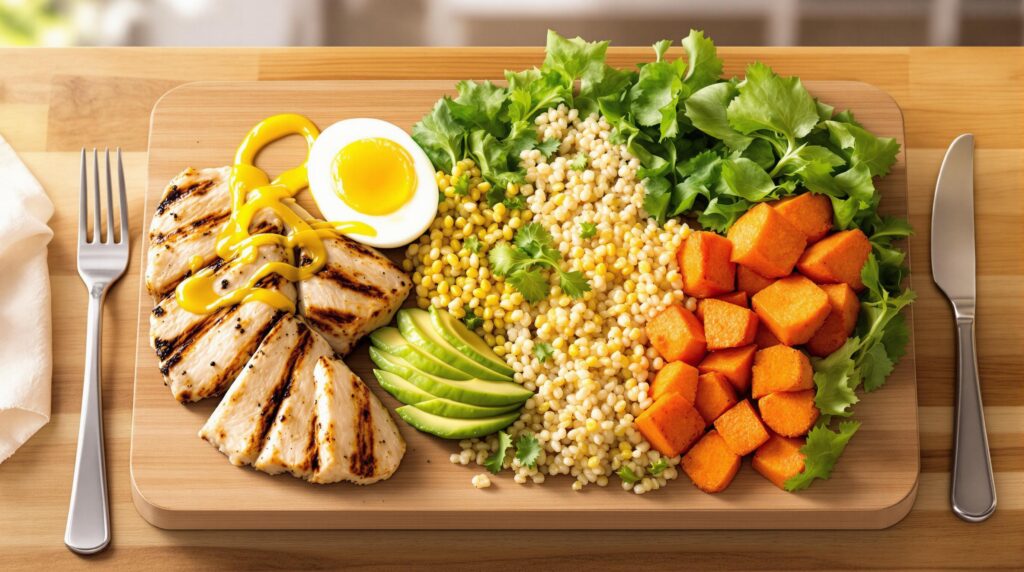 A realistic image showing a healthy plate divided into proteins, fats, and carbs with labeled sections, promoting macro balance for optimal health.