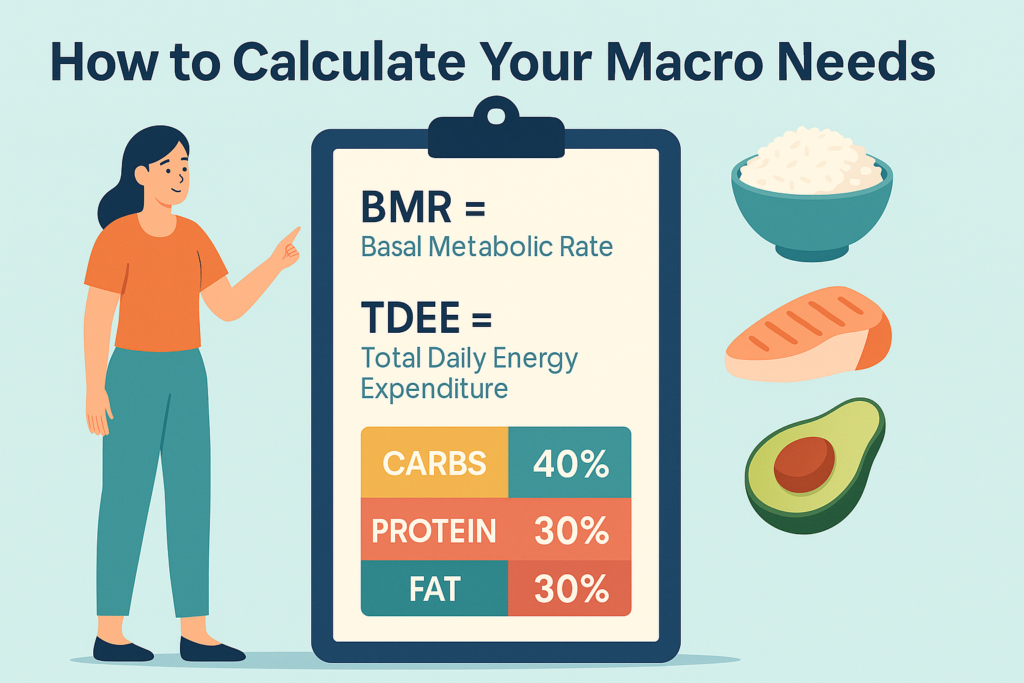 Illustrated chart explaining how to calculate macro needs based on BMR and TDEE