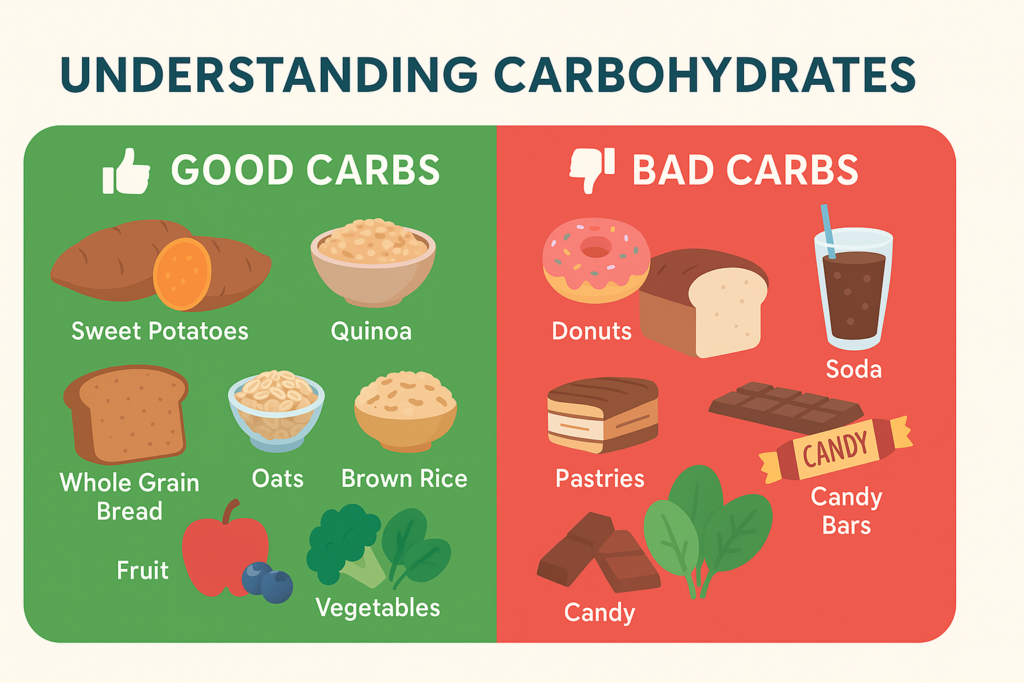 An educational infographic comparing simple and complex carbohydrates, illustrating sources like fruits, vegetables, whole grains, and sugary snacks to highlight their effects on health and energy.
