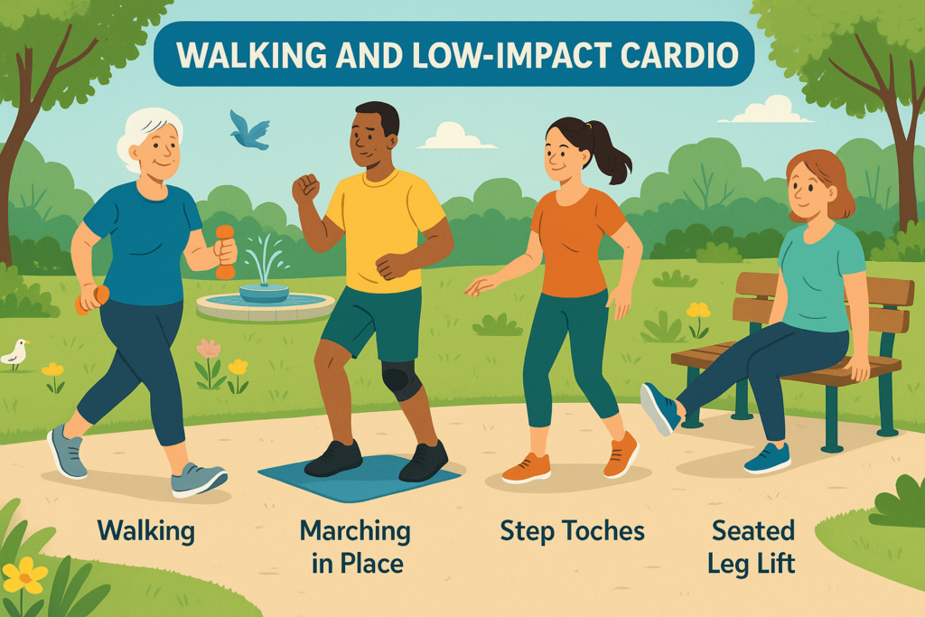 People of various ages doing walking and low-impact cardio exercises like step touches and seated leg lifts in a sunny park.