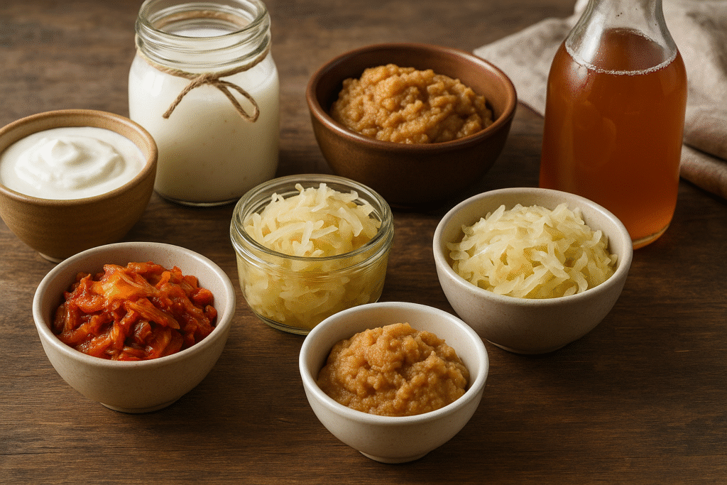 Assorted fermented foods like kimchi, yogurt, and sauerkraut on a wooden table in natural light.