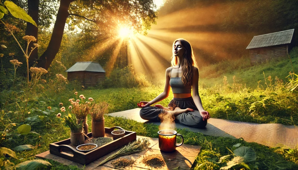 Woman practicing breathing and grounding outdoors with herbal tea beside her, supporting gut-brain-skin health through vagus nerve activation.