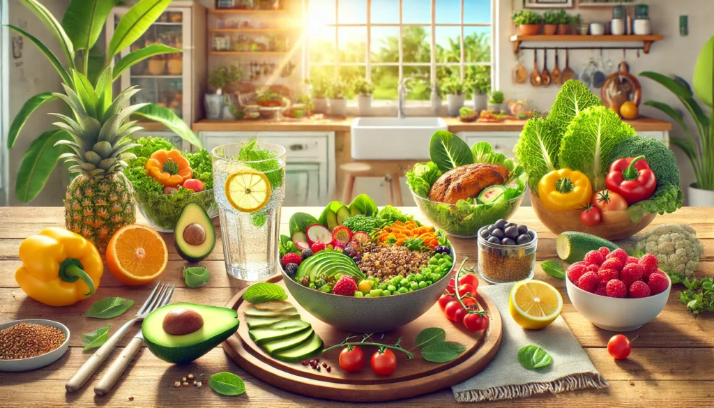 Table with a nutritious and colorful meal, including salad, fruits and water with lemon in a sunny environment.