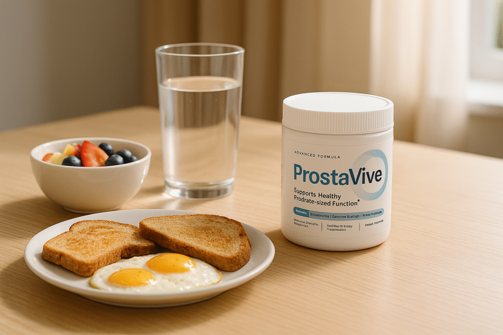 Morning table with ProstaVive supplement, breakfast, and water for daily use