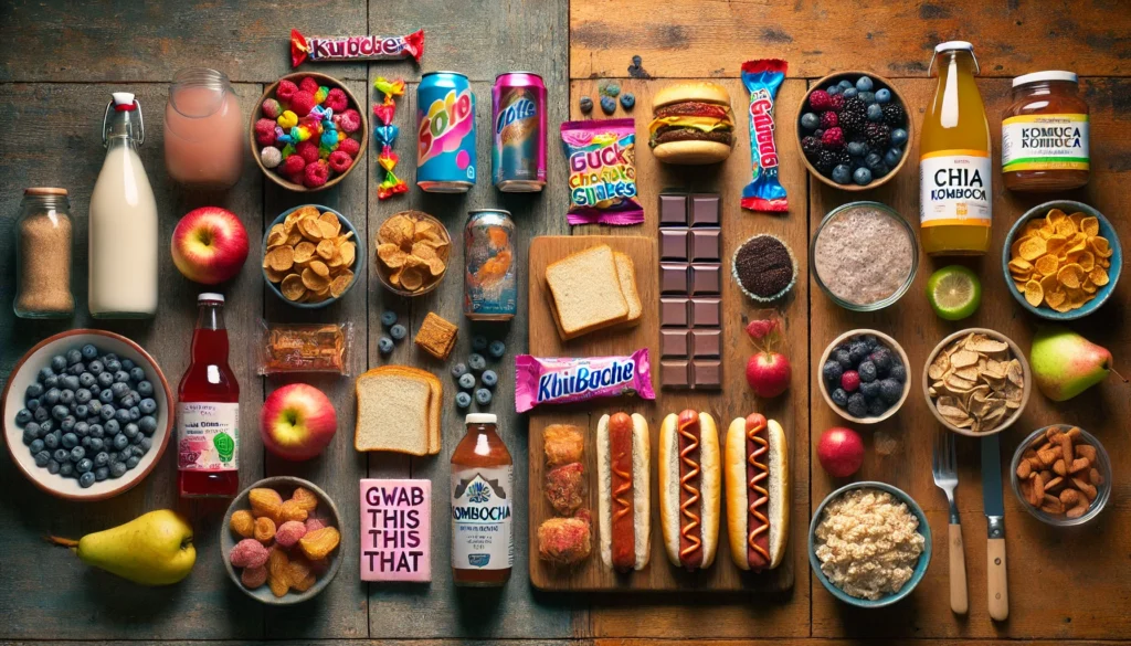 Side-by-side comparison of processed foods like soda and candy versus healthy gut-friendly options like berries, chia pudding, and kombucha.