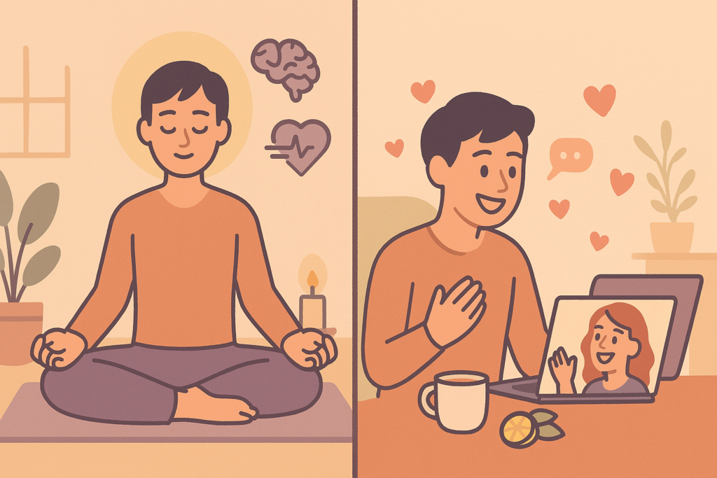 2D illustration of a person practicing mindfulness meditation and staying connected with loved ones via video call to reduce stress