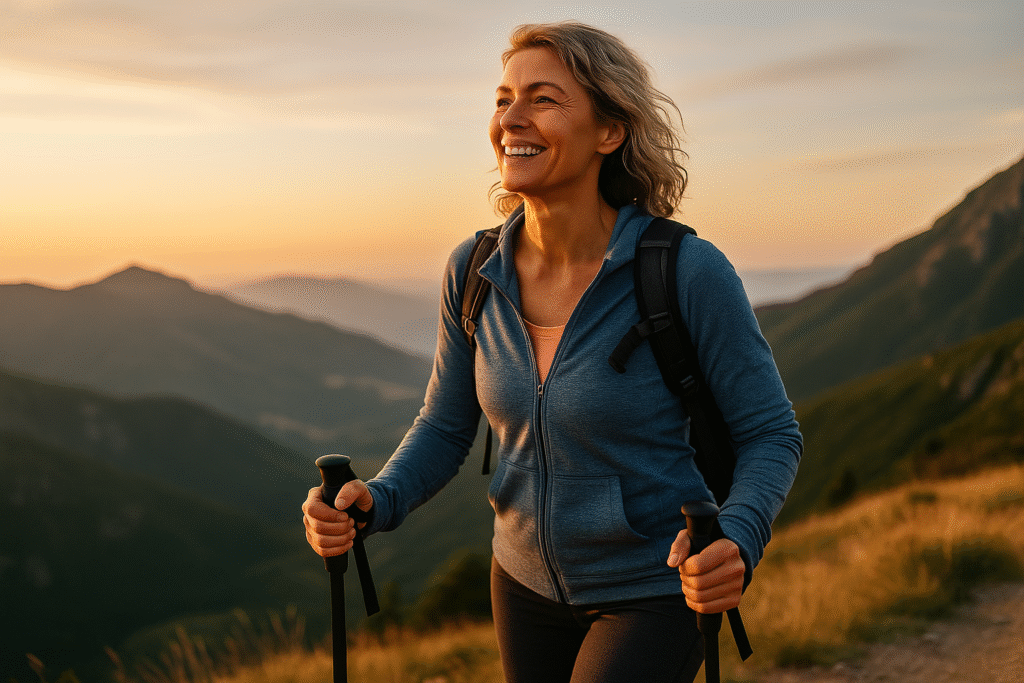 Energetic woman hiking in the mountains after using Mitolyn supplement