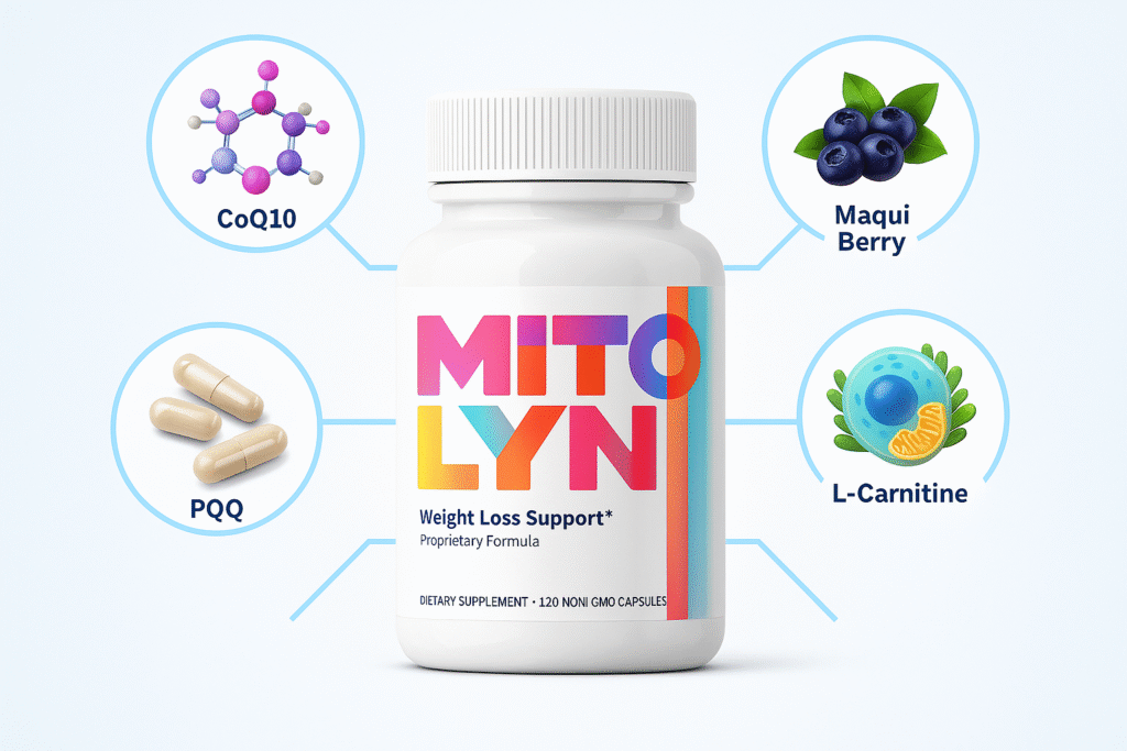Mitolyn supplement ingredients including CoQ10, Maqui Berry, PQQ, and L-Carnitine