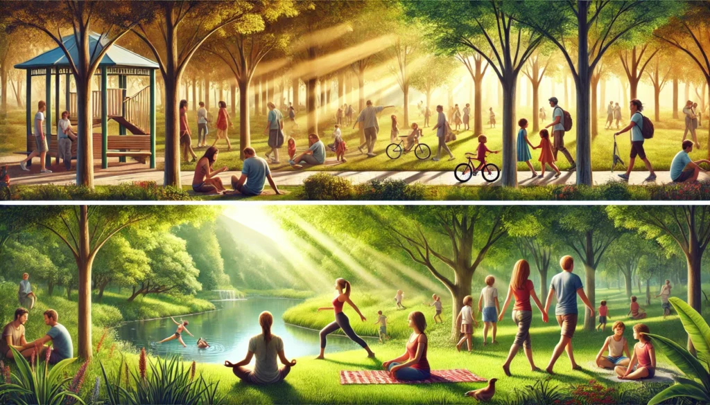 People walking, relaxing, and practicing yoga in a green park surrounded by trees and sunlight.