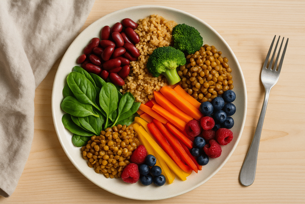 Colorful plant-based meal with beans, greens, and whole foods for gut diversity.