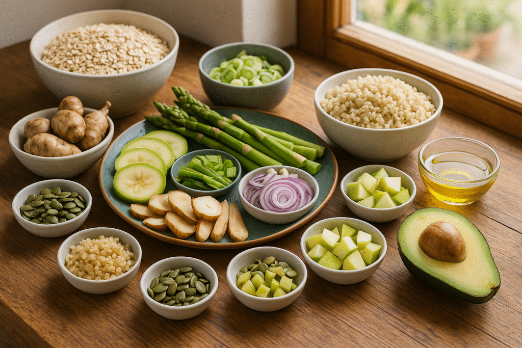 Rustic table with colorful prebiotic foods like asparagus, oats, green bananas, avocado, quinoa, and onions under natural light.