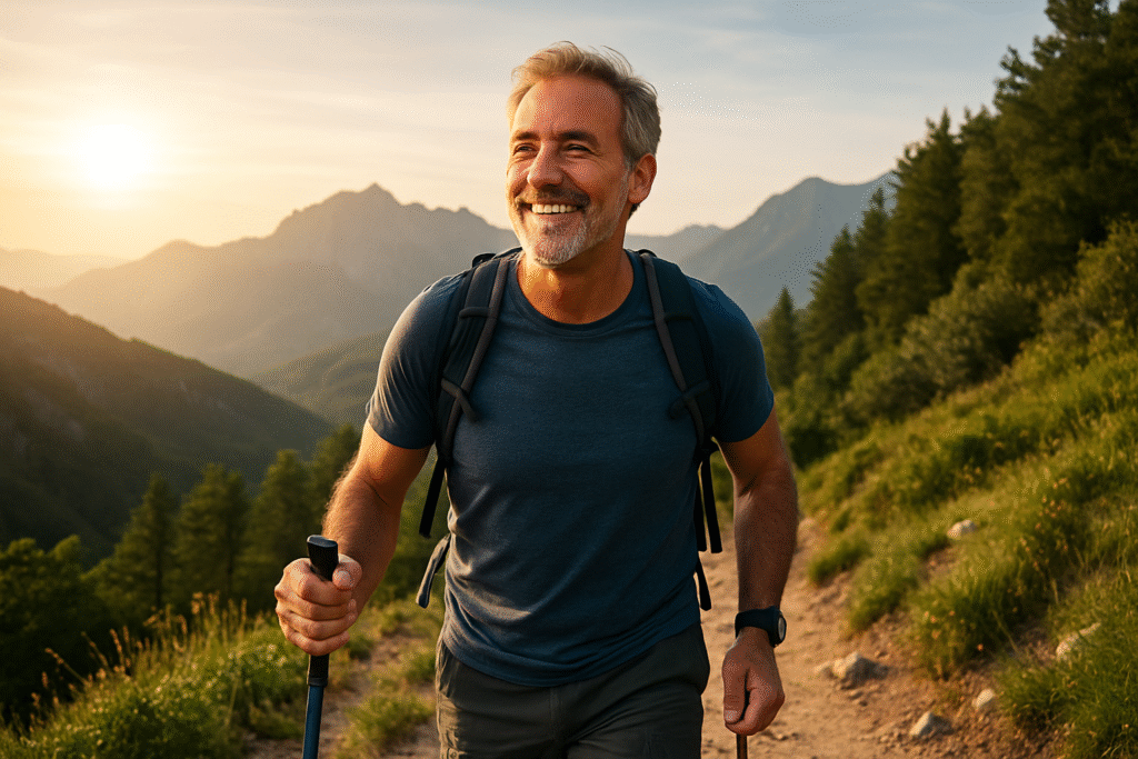 Healthy older man hiking outdoors after improving prostate health with ProstaVive