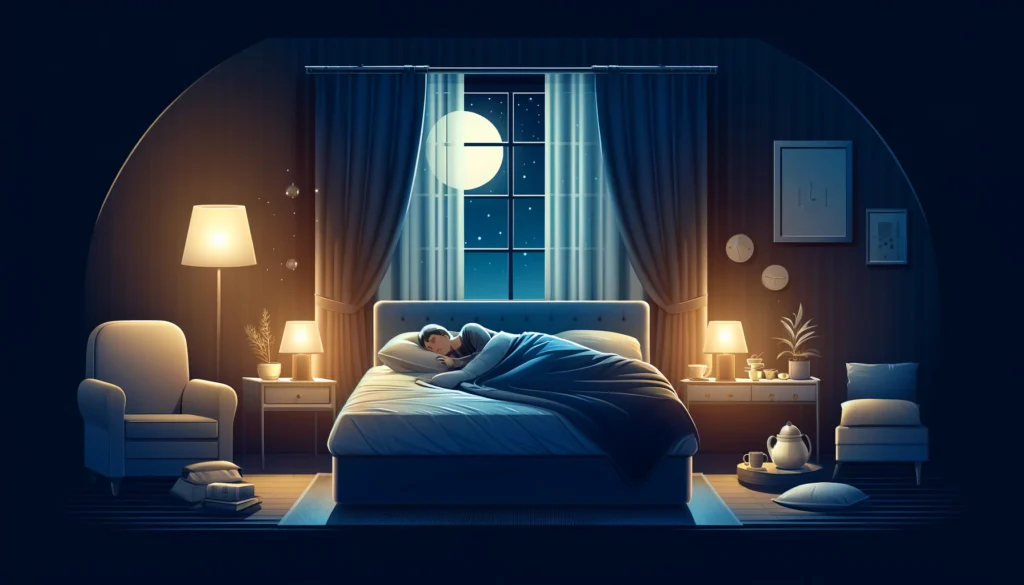 Person sleeping in a dark room with peaceful atmosphere, soft light and cozy decor
