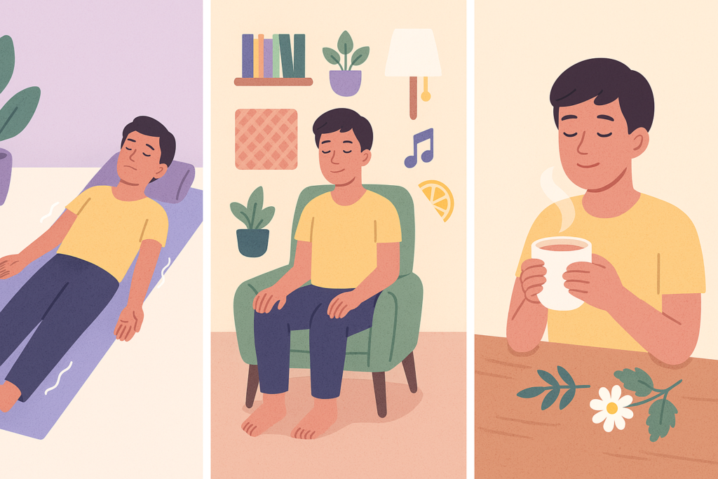 2D illustration showing three stress relief techniques: progressive muscle relaxation, 5-4-3-2-1 grounding technique, and drinking calming herbal teas such as chamomile and lemon balm.