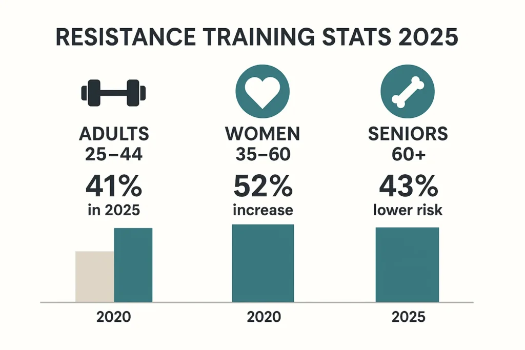 Statistics about the growth of resistance training participation in 2025.