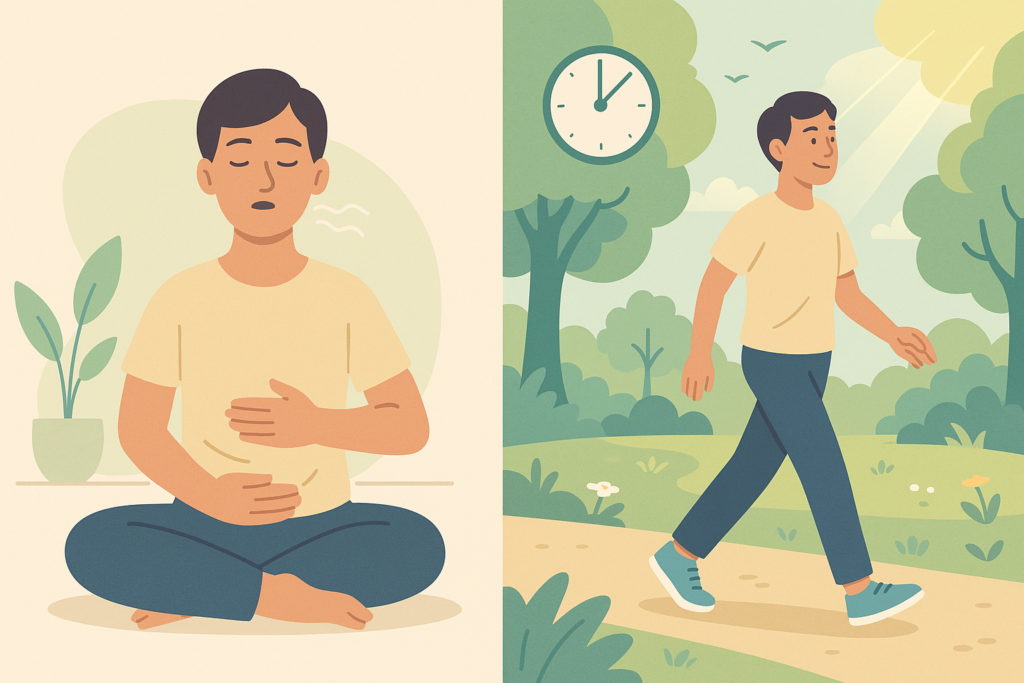 Split 2D illustration showing a person practicing diaphragmatic breathing indoors and, next to him, walking calmly in a park with trees and sunshine, representing simple techniques to reduce stress.