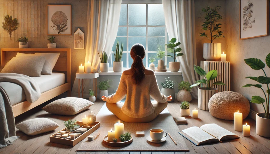 Woman in a moment of self-care at home, with a relaxing environment, plants and aromatic candle.
