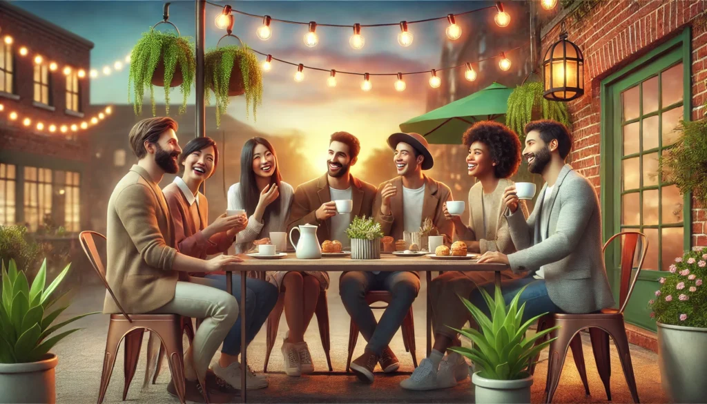 Diverse group of friends enjoying warm conversation at an outdoor café with sunset ambiance.