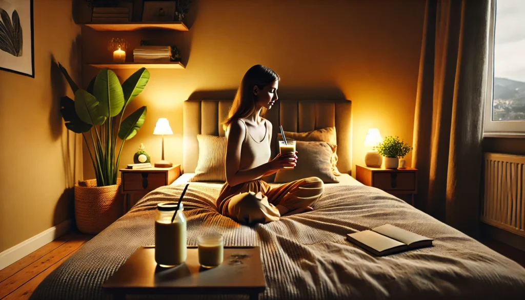 Woman practicing relaxation before bed with herbal tea and a banana-almond smoothie in a cozy, dimly lit bedroom.