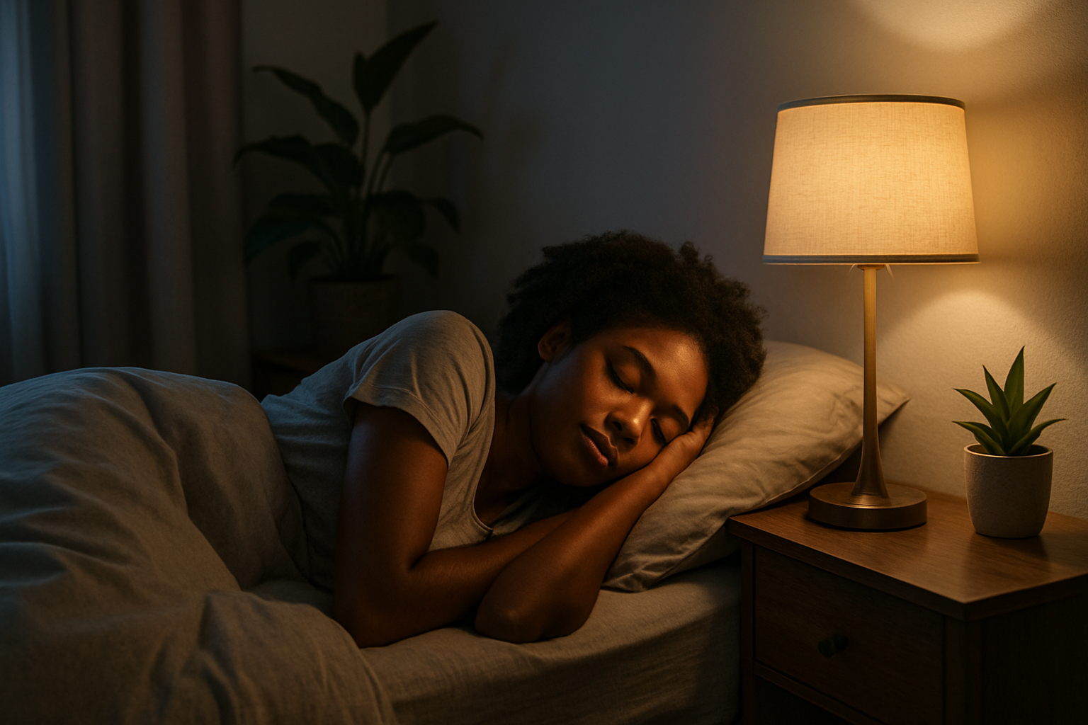African American woman sleeping peacefully under warm light, in a soft-toned bedroom with gray bedding.