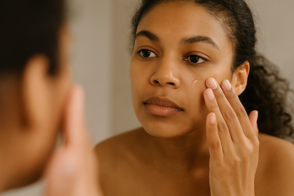 Woman gently applying hyaluronic acid serum to her cheek in front of a mirror.