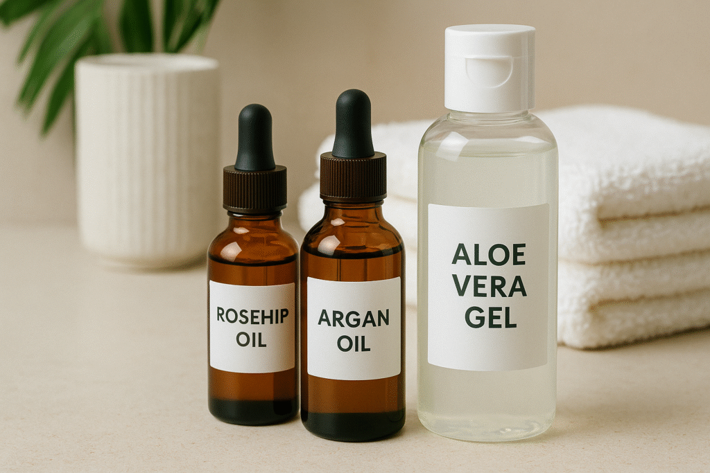 Rosehip and argan oil bottles on a shelf for anti-aging skincare