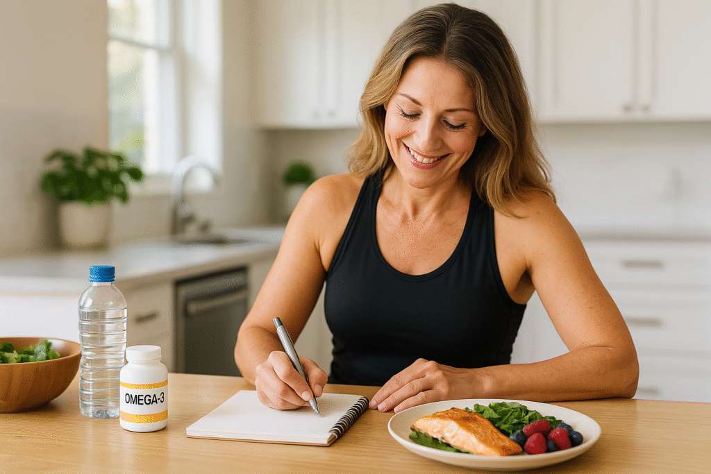 Mid-aged woman prepping anti-inflammatory food and planning a healthy week, representing long-term metabolism-boosting strategies.
