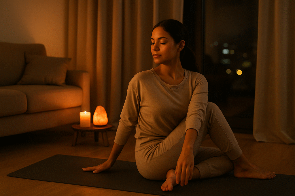 Evening yoga at home with calming light, perfect for post-workout recovery and better sleep quality