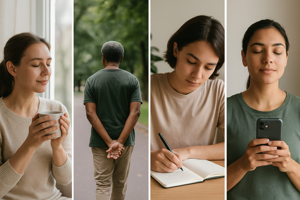 Mindful living examples in daily life: tea drinking, walking, journaling, and pausing before phone use