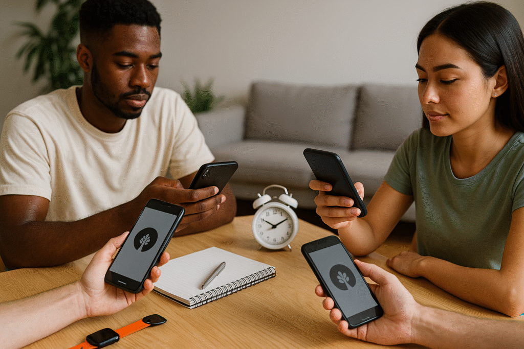 People using digital detox apps like Forest and Freedom to manage screen time mindfully.