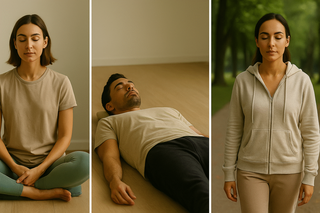 Mindfulness Meditation techniques shown through seated, body scan, and walking formats in calm, real settings