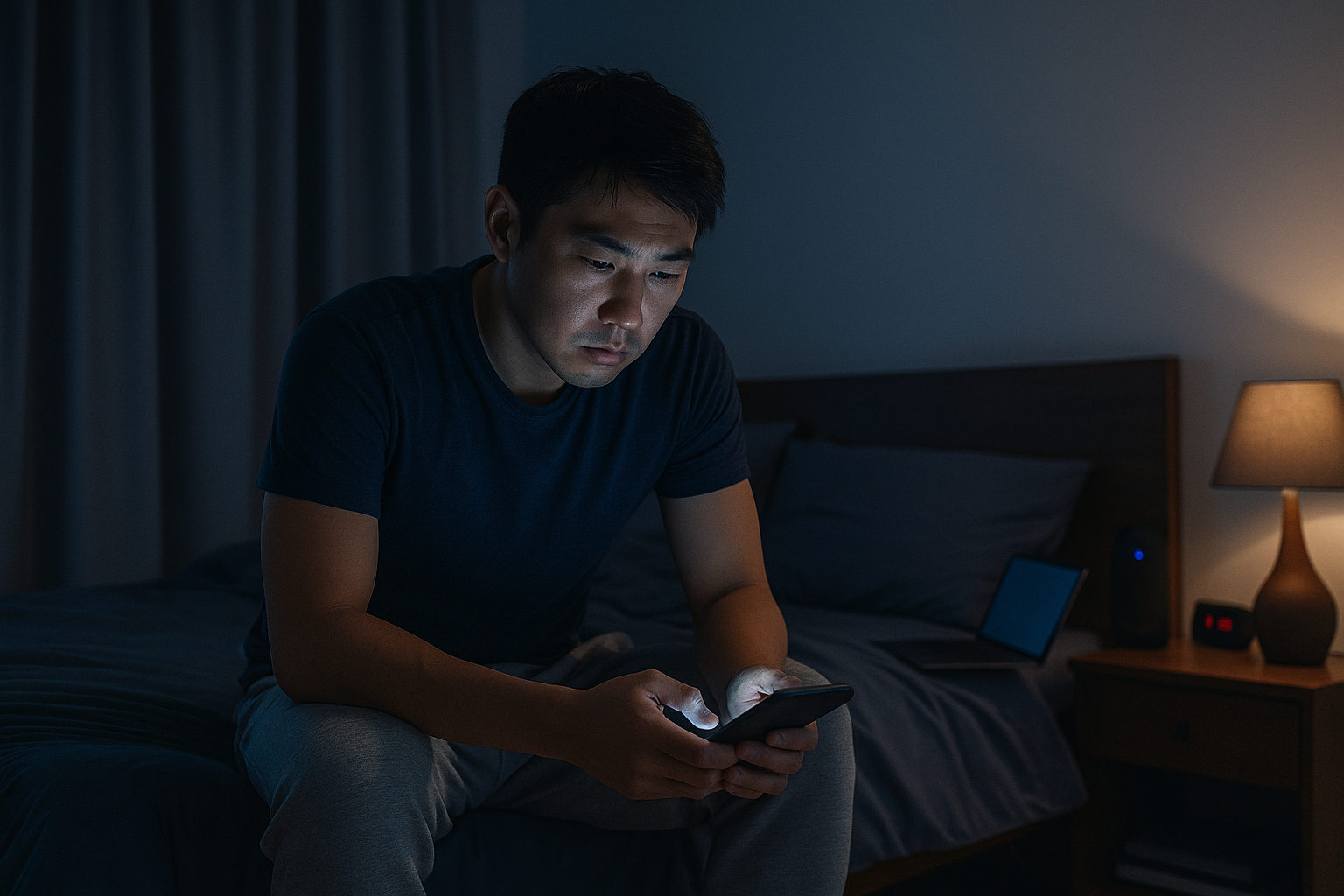 Asian man in dim bedroom staring at phone screen, surrounded by tech, showing screen time’s emotional toll.