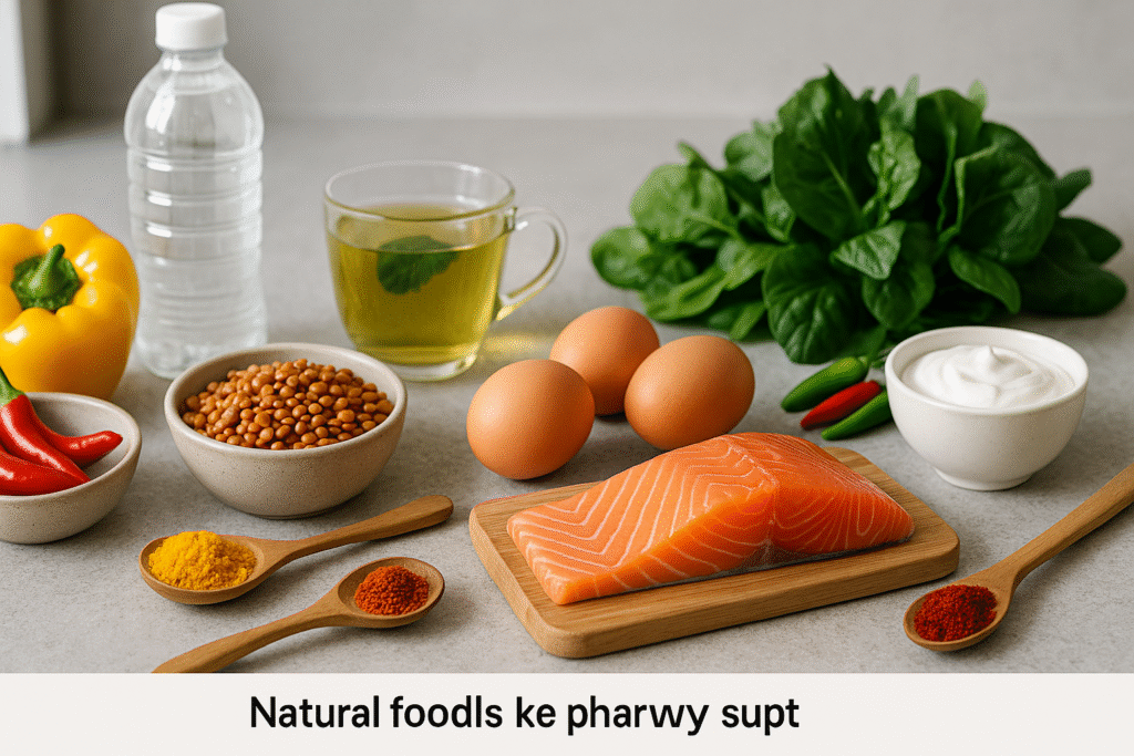 Kitchen counter with high-protein and spicy metabolism-boosting foods like salmon, lentils, peppers, yogurt, and green tea.