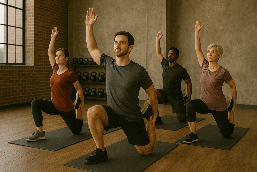 Mixed-age group doing kneeling quad stretches with arms raised in a sunlit gym with concrete walls