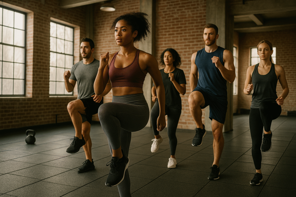 Focused Black woman leads group HIIT session with high knees in a sunlit industrial-style gym