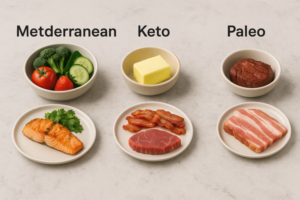 Side-by-side diet comparison: Mediterranean vs keto and paleo foods on a modern kitchen counter