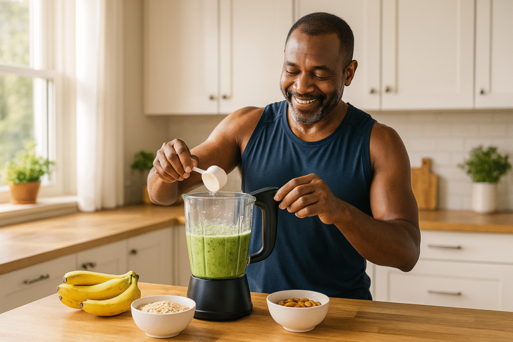 Middle-aged man prepares green smoothie in bright kitchen with bananas, oats, and protein for post-workout recovery