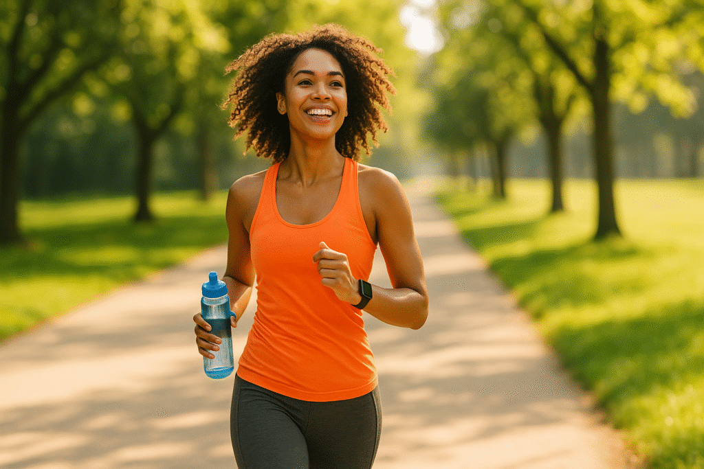 Confident woman walking outdoors with water bottle in hand, symbolizing energy and natural metabolism boost.
