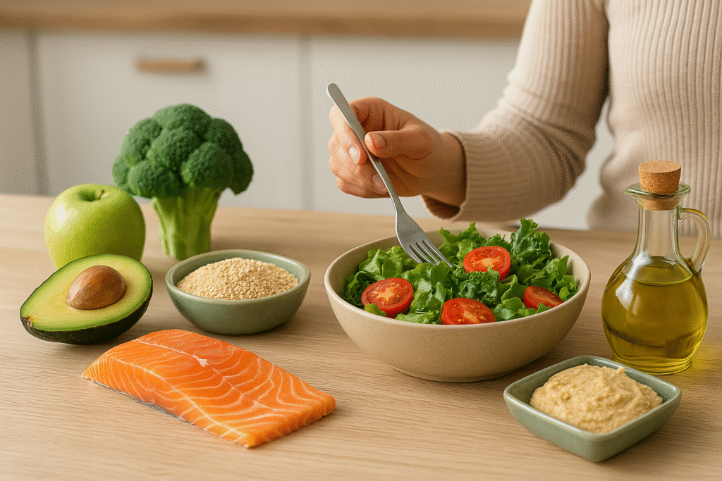 Healthy foods for intermittent fasting meals prepared in a bright home kitchen.