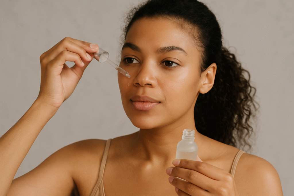 Young woman applying hyaluronic acid serum with a dropper in a calm skincare routine.
