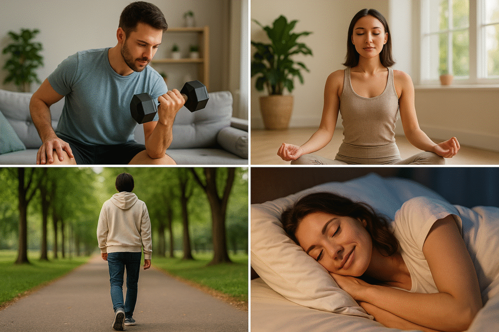 A collage showing strength training, meditation, walking, and sleep—key habits to boost metabolism naturally.