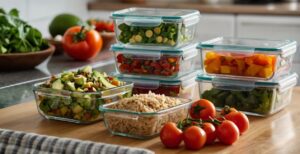 Meal prepping containers with colorful healthy foods on a kitchen counter, ideal for weight loss