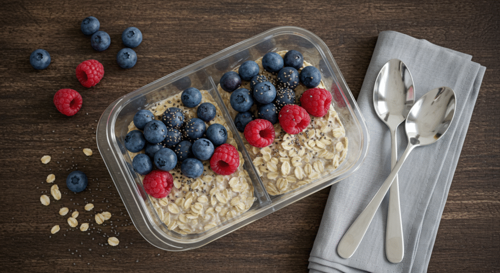 Overnight oats with berries and chia seeds in a meal prep container for healthy breakfast