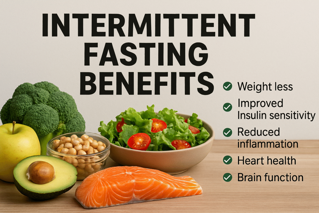 Assorted healthy foods ideal for intermittent fasting meals on a clean wooden table.