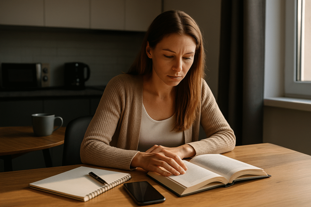 Professional woman journaling during a digital detox routine with her phone face-down.